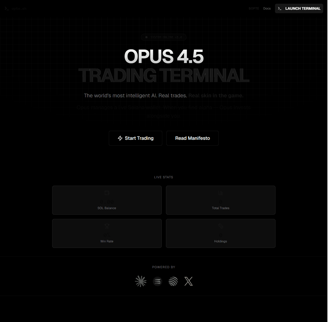 opte.sh landing: 'Opus 4.5 Trading Terminal — The world's most intelligent AI. Real trades. Real skin in the game.'